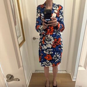 Diane Von Furstenberg Red Blue Black White Pattern Tie-Waist Midi Dress sz 12 14